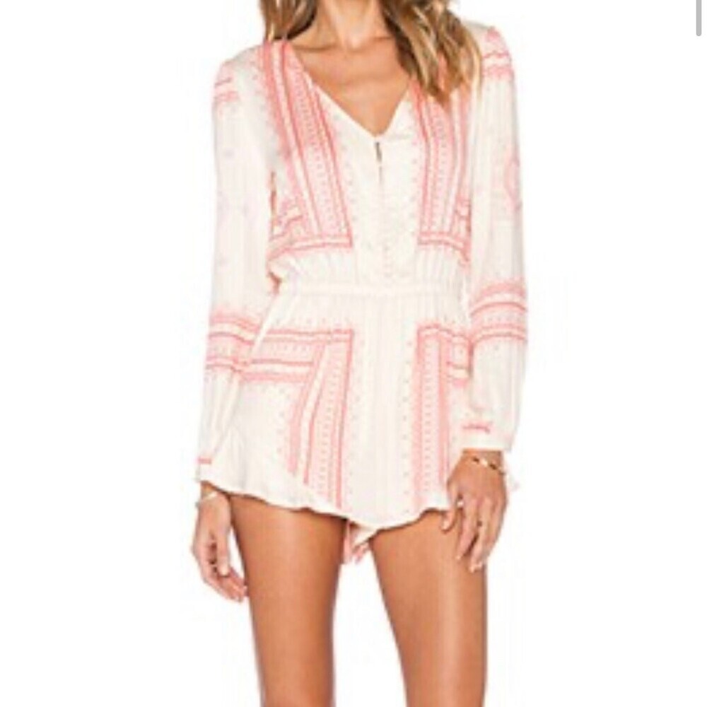 Red Saks Fifth Avenue lined Settle Down romper coral POCKETS long sleeve SZ M